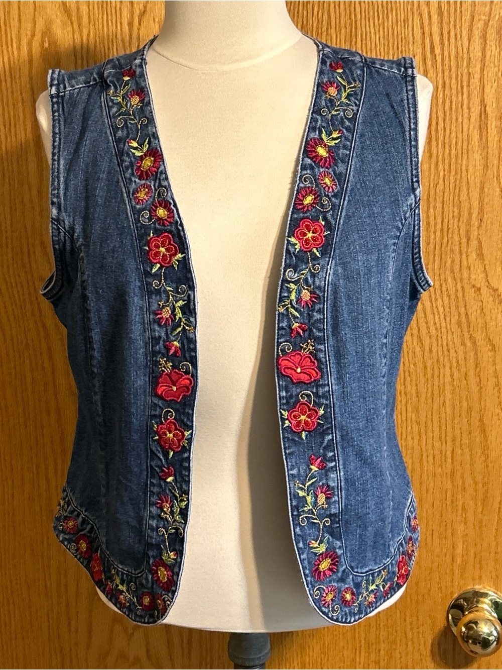 Vintage Christopher and Banks Denim vest Embroidered Beaded Flower  Medium Y2K